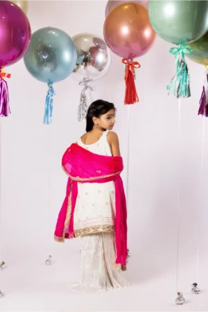 Off-white Shirt with Gold Embroidery Detailing with Crushed Azaar & Hot Pink Dupatta – SHKK-950