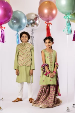 Sea Green Kurta with White Shalwar & Block-Printed Waist Coat – SHKK-953