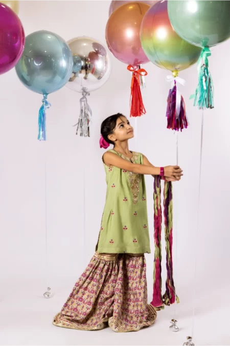 Sea-green Block Printed Gharara with Gotaa Detailing Paired with Shaded Dupatta – SHKK-947 - Image 2
