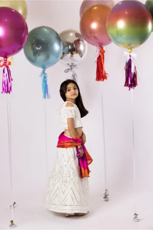White Lehenga Choli with Mirror Work Detailing Paired with Colorful Dupatta – SHKK-945