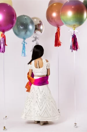 White Lehenga Choli with Mirror Work Detailing Paired with Colorful Dupatta – SHKK-945