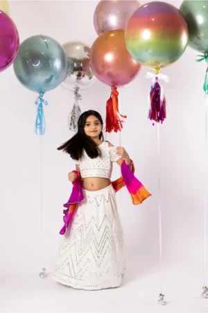 White Lehenga Choli with Mirror Work Detailing Paired with Colorful Dupatta – SHKK-945