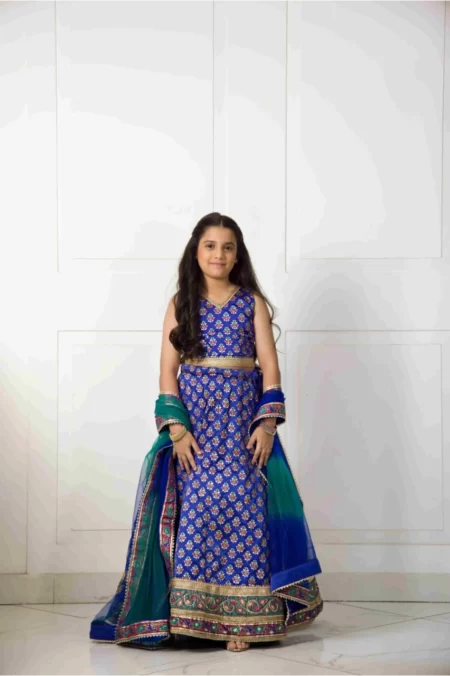 Electric Blue Block Printed Lehenga & Choli With Organza Dupatta – Shk-1052