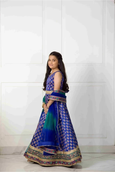 Electric Blue Block Printed Lehenga & Choli With Organza Dupatta – Shk-1052 - Image 3