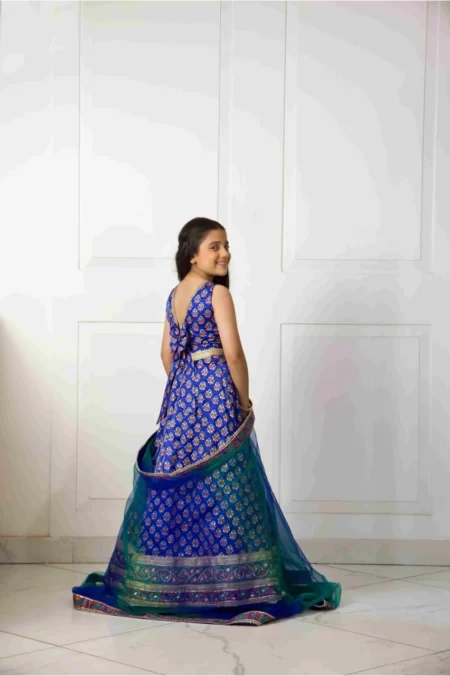 Electric Blue Block Printed Lehenga & Choli With Organza Dupatta – Shk-1052 - Image 2
