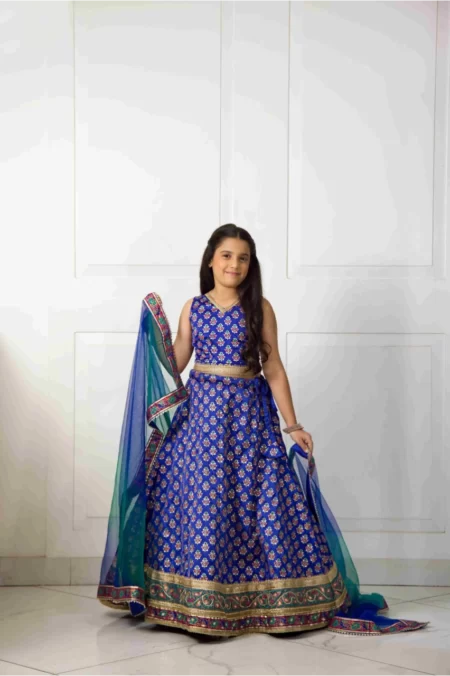 Electric Blue Block Printed Lehenga & Choli With Organza Dupatta – Shk-1052 - Image 4