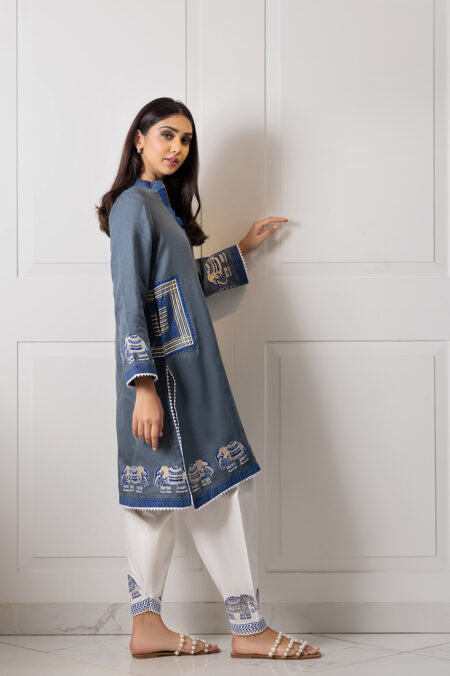 Teal Blue Iirsh Elephant Block Print Shirt With White Elephant Block Shalwar | SHK 911 - Image 2