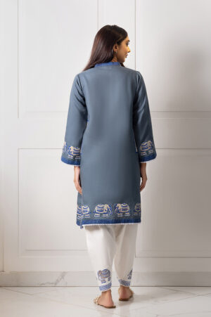 Teal Blue Iirsh Elephant Block Print Shirt With White Elephant Block Shalwar | SHK 911