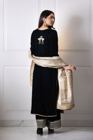 Green Velvet Silver,Gold Swan Dori Work Kaftan With Black Velvet Azaar & Gold Banarasi Dupatta | SHK-902