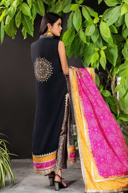 Black Chunri Angrakha With Hot Pink & Orange Detailing | SHK-694 - Image 2