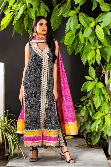 Black Chunri Angrakha With Hot Pink & Orange Detailing | SHK-694 - Image 4