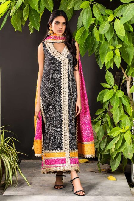 Black Chunri Angrakha With Hot Pink & Orange Detailing | SHK-694