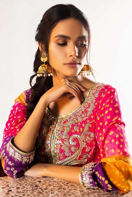 Hot Pink & Orange Chunari Shirt With Hand Work Embellishment | SHK-690 - Image 4