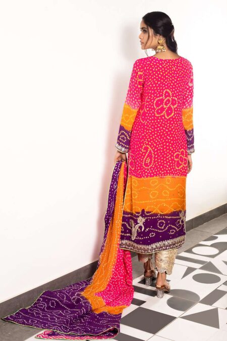 Hot Pink & Orange Chunari Shirt With Hand Work Embellishment | SHK-690 - Image 2