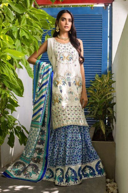 Off White Cotton Net Blue & Ferozi Gotta Work Shirt With Blue & Ferozi Block Garara & Dupatta | SHK-692