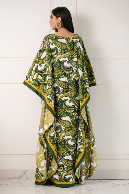Off White Green Shaded Screen Leaf Print Kafftan | SHK-648 - Image 2