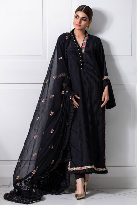 Black Pleated Shirt With Pink Embroided | SHK-381