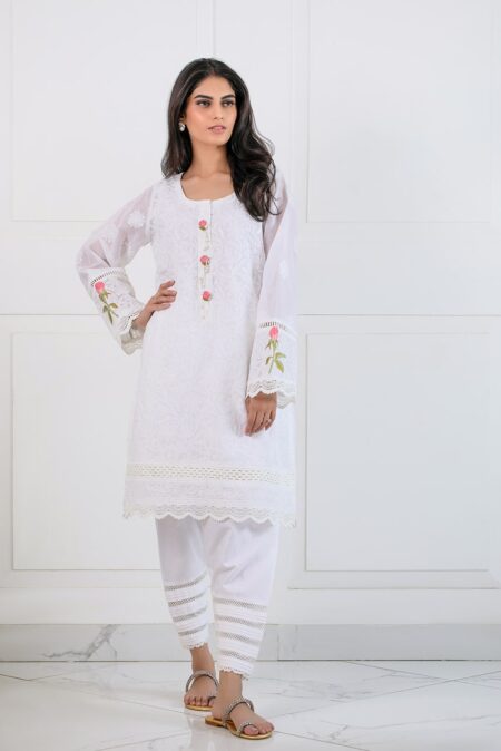 White Cotton Chikan Kari Cross Stitched Flower Shirt | SHK-612