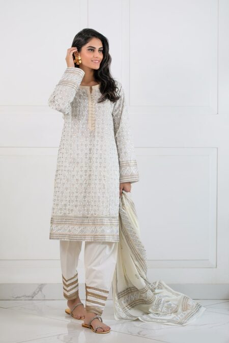 White Cotton Gold,Silver Block Print Shirt |SHK-609