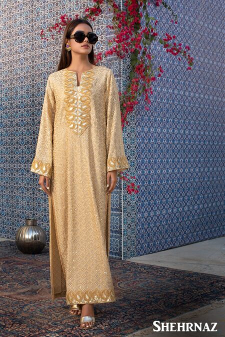 Beige Embroided Gold Border Kafftan | SHK-598
