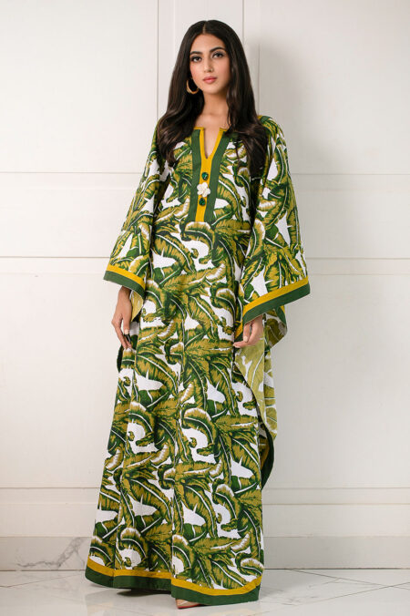 Off White Green Shaded Screen Leaf Print Kafftan | SHK-648