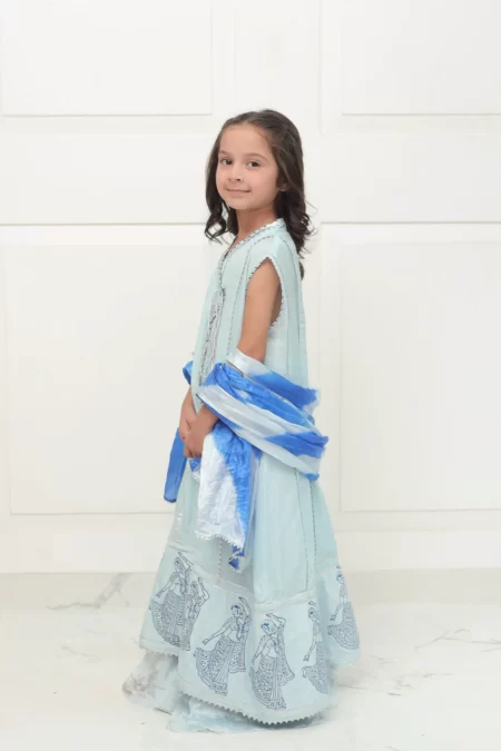 Light blue blockprinted angarkha with jamavar capri & dupatta – SHKK-982 - Image 5