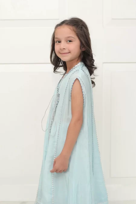 Light blue blockprinted angarkha with jamavar capri & dupatta – SHKK-982 - Image 3