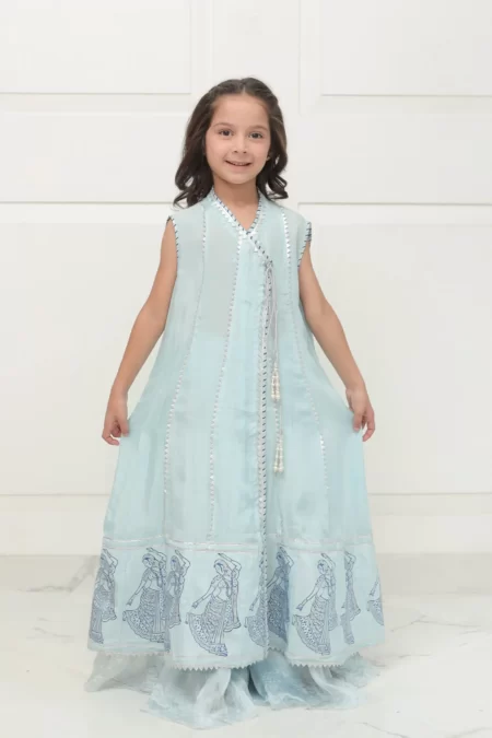 Light blue blockprinted angarkha with jamavar capri & dupatta – SHKK-982 - Image 2