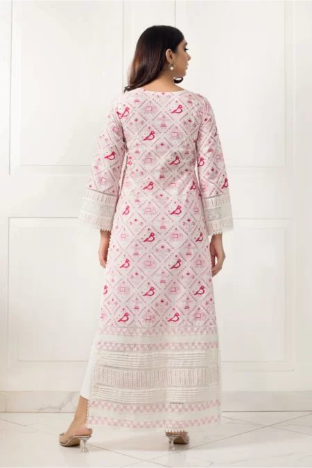 White kaftan with pink jaal detailing – SHK-962 - Image 4
