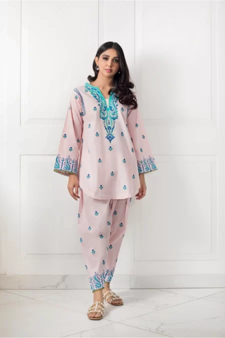 Pink block printed lawn tunic with matching shalwar – SHK-960