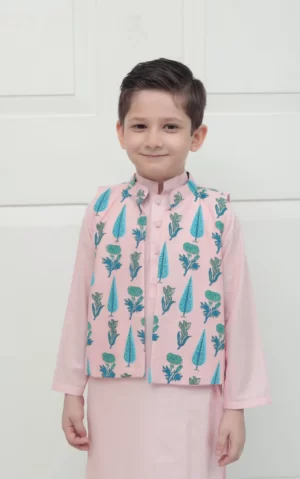 Pink chikan kurta pyjama with blockprinted waist coat – SHKK-983