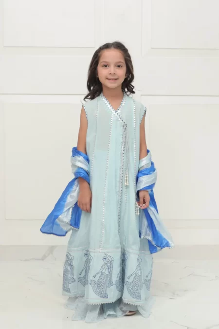 Light blue blockprinted angarkha with jamavar capri & dupatta – SHKK-982