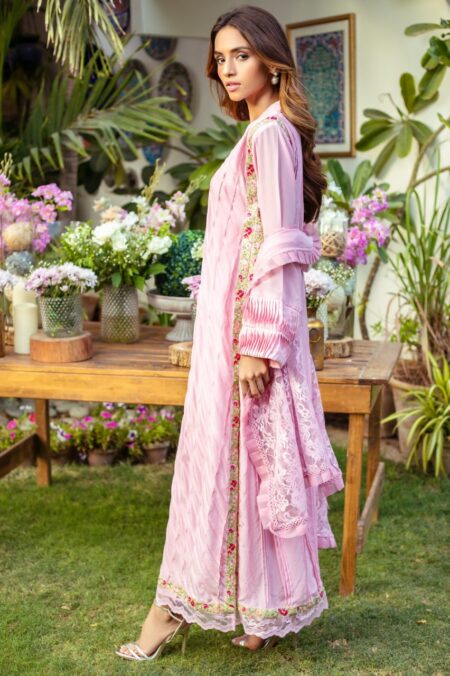Taffy Crep Silk Pleated Embroided Long Shirt With Chentelly Lace Dupatta & Capri | SHK-803 - Image 3