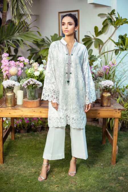 White Chiffon Perrot Embroided Green Hand Work Detailing Shirt With White Pearl Izaar | SHK-799