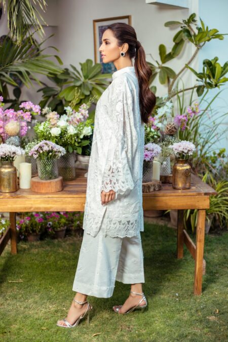 White Chiffon Perrot Embroided Green Hand Work Detailing Shirt With White Pearl Izaar | SHK-799 - Image 3
