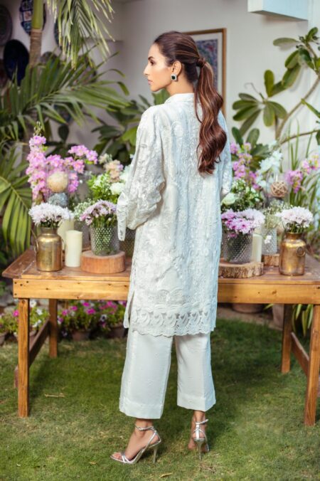 White Chiffon Perrot Embroided Green Hand Work Detailing Shirt With White Pearl Izaar | SHK-799 - Image 2