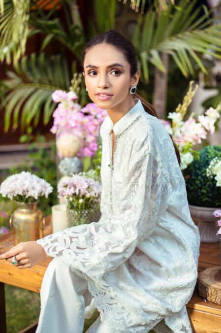 White Chiffon Perrot Embroided Green Hand Work Detailing Shirt With White Pearl Izaar | SHK-799 - Image 4