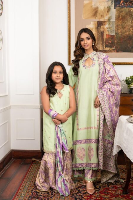 Pistachio Green Cotton Net Purplish Block Print Long Shirt With Block Izaar & Dupatta | SHK-791 - Image 3