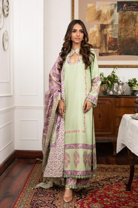 Pistachio Green Cotton Net Purplish Block Print Long Shirt With Block Izaar & Dupatta | SHK-791