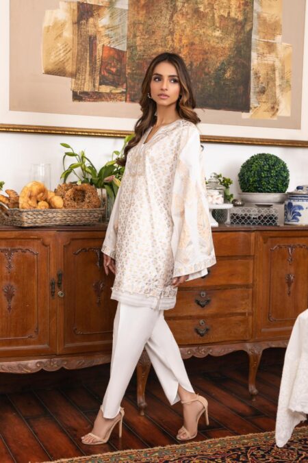 White Gold,Silver Block Print Firdouse With White Tulip | SHK-795 - Image 6