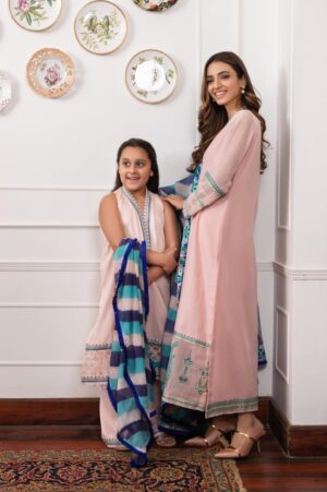 Pink Khaadi Net Blue & Ferozi Detailing Long Shirt+Pink Pleated Sclape Izaar With Blue & Ferozi Leheriya Dupatta | SHK-775