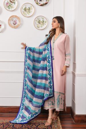 Pink Khaadi Net Blue & Ferozi Detailing Long Shirt+Pink Pleated Sclape Izaar With Blue & Ferozi Leheriya Dupatta | SHK-775
