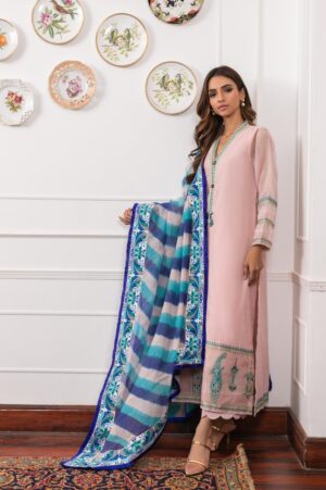 Pink Khaadi Net Blue & Ferozi Detailing Long Shirt+Pink Pleated Sclape Izaar With Blue & Ferozi Leheriya Dupatta | SHK-775
