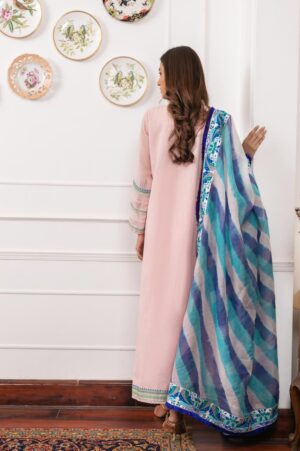 Pink Khaadi Net Blue & Ferozi Detailing Long Shirt+Pink Pleated Sclape Izaar With Blue & Ferozi Leheriya Dupatta | SHK-775