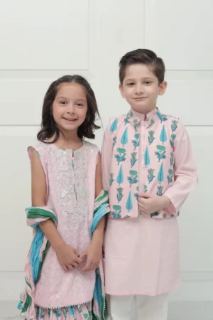 Pink chikan kurta pyjama with blockprinted waist coat – SHKK-983