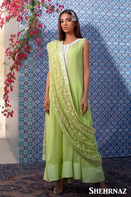 Parrot Green Anarkali+White Stone Work Neck | SHK-599