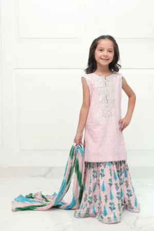 Pink chikan shirt with silver embellishment paired with block printed gharara and shaded dupatta – SHKK-979