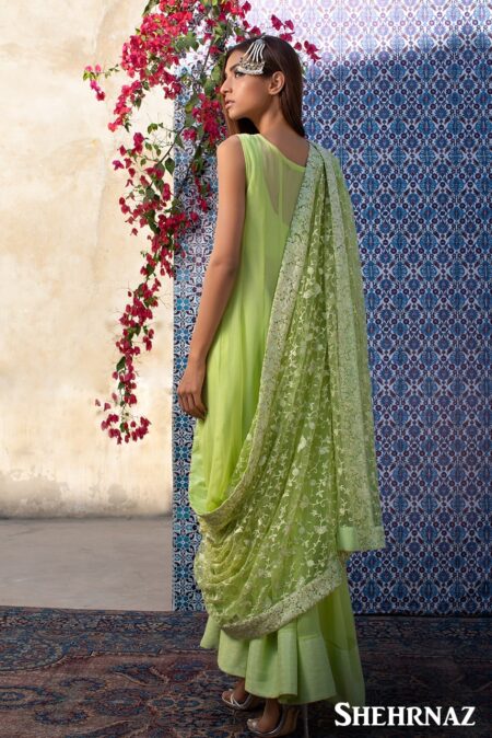 Parrot Green Anarkali+White Stone Work Neck | SHK-599 - Image 2
