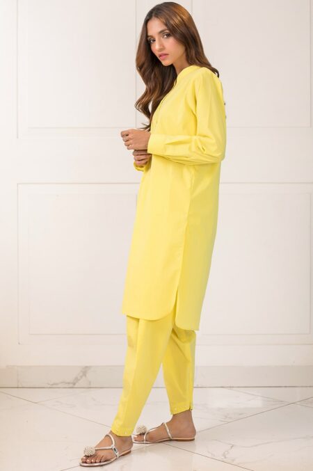 Lemon Cotton Embroided Kurta | SHK-589 - Image 3