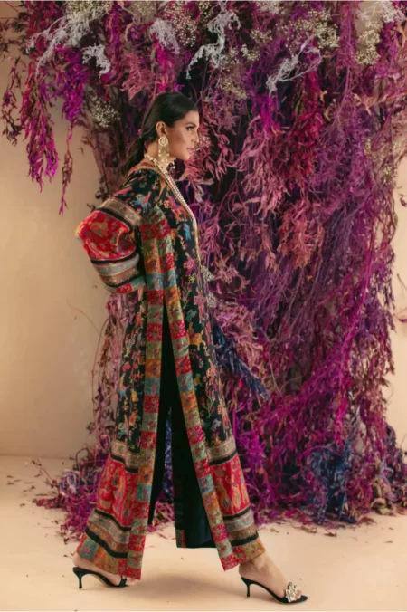 Black banarsi kaftan with shikargah print paired with flared pants – SHK-1026 - Image 3